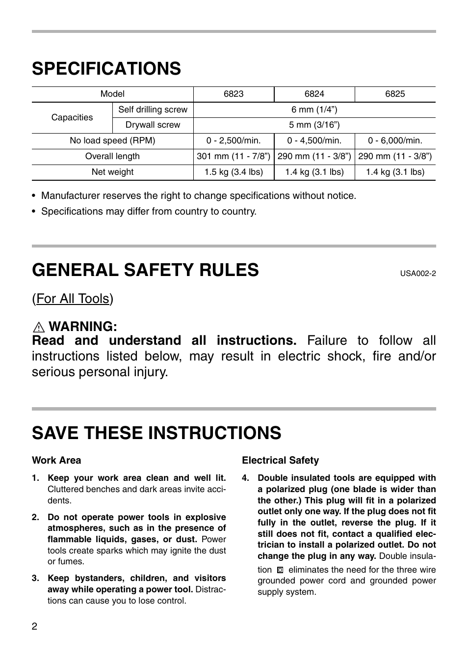 Specifications, General safety rules, Save these instructions | Makita 6824 User Manual | Page 2 / 16