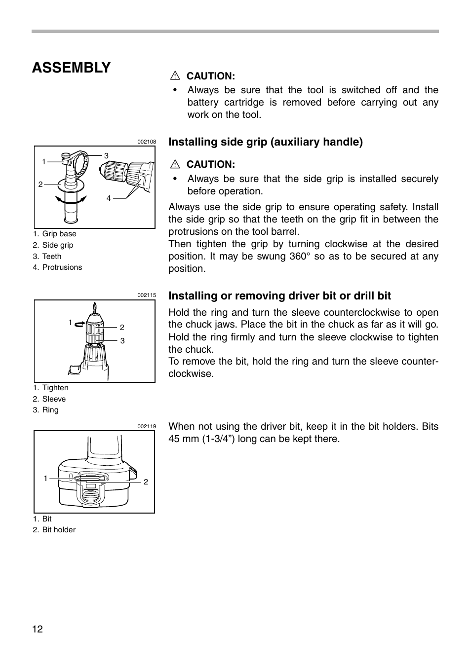 Assembly, Installing side grip (auxiliary handle), Installing or removing driver bit or drill bit | Makita 6343D User Manual | Page 12 / 20