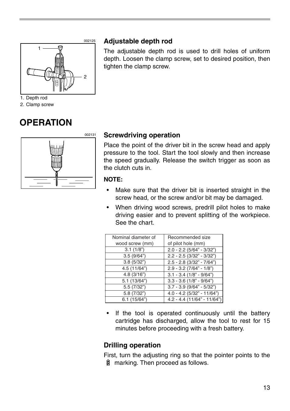 Operation, Adjustable depth rod, Screwdriving operation | Drilling operation | Makita 6343D User Manual | Page 13 / 20
