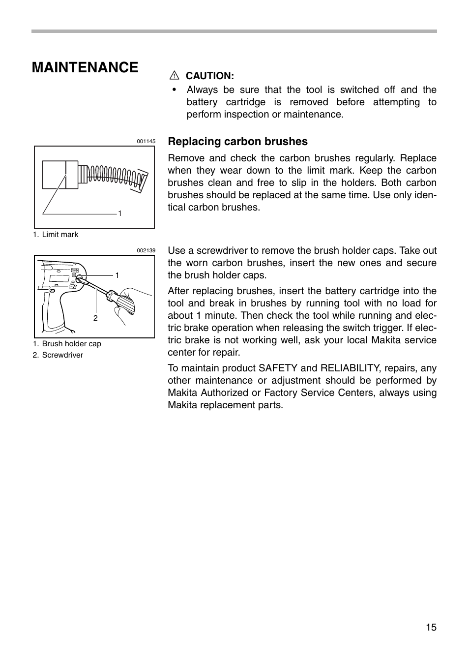 Maintenance, Replacing carbon brushes | Makita 6343D User Manual | Page 15 / 20