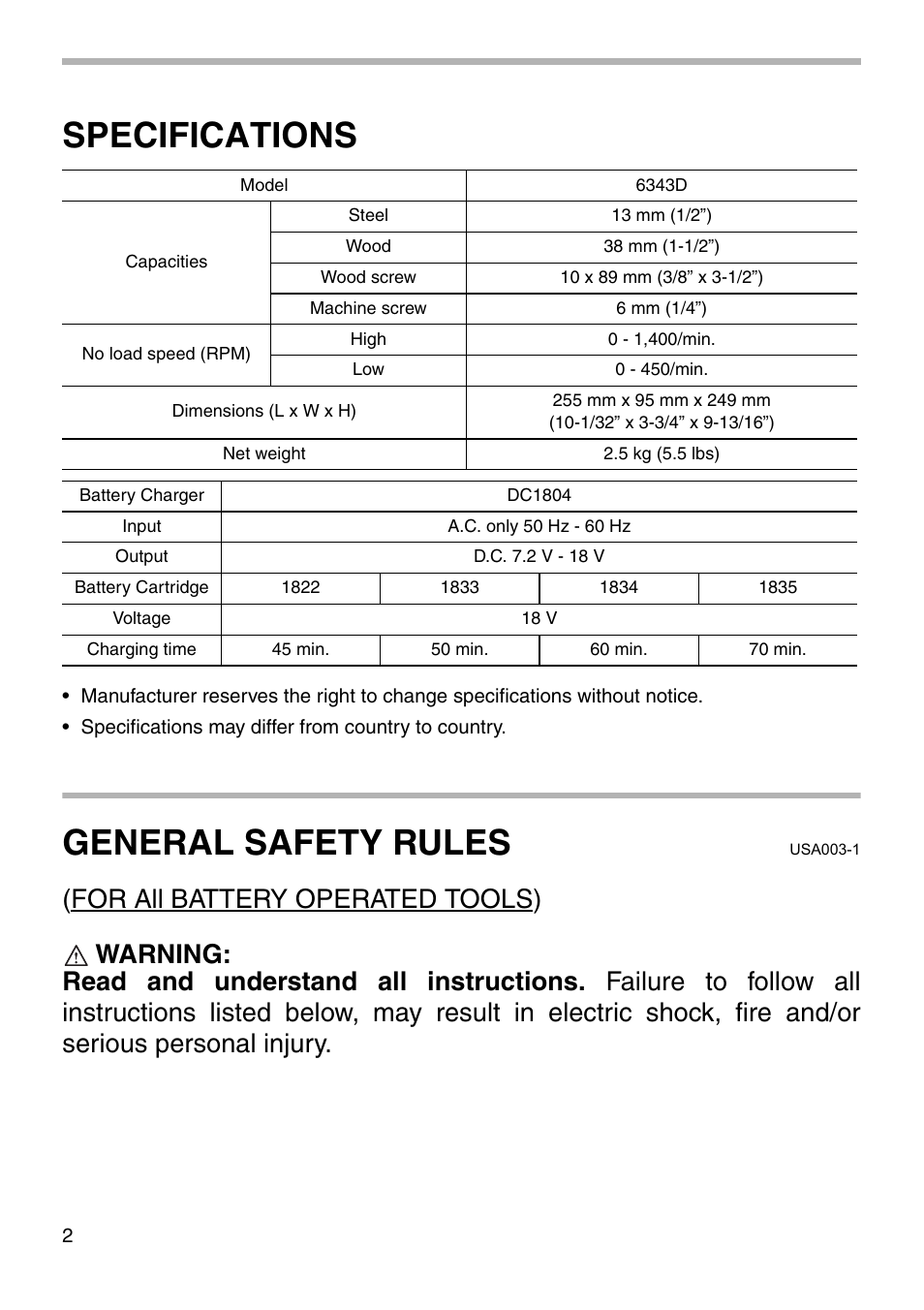 Specifications, General safety rules | Makita 6343D User Manual | Page 2 / 20