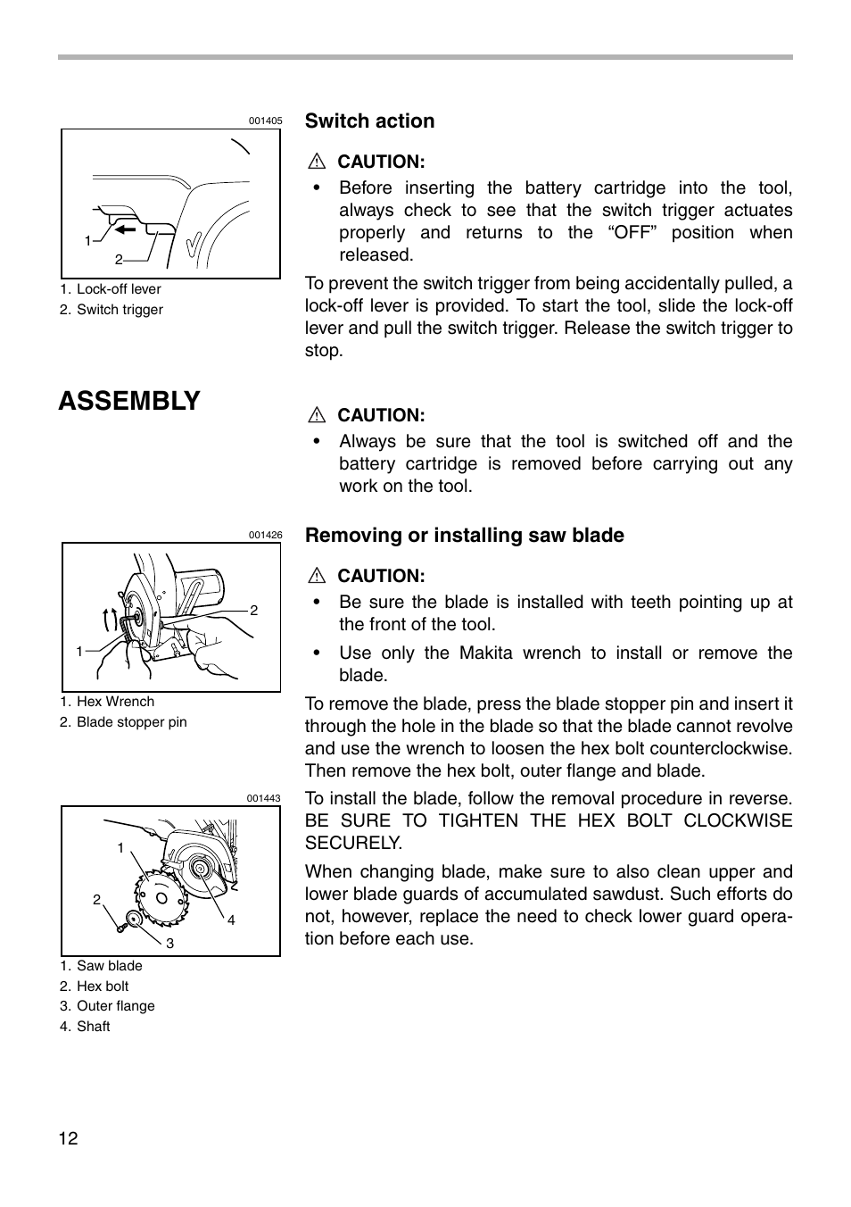 Assembly, Switch action, Removing or installing saw blade | Makita 5090D User Manual | Page 12 / 20