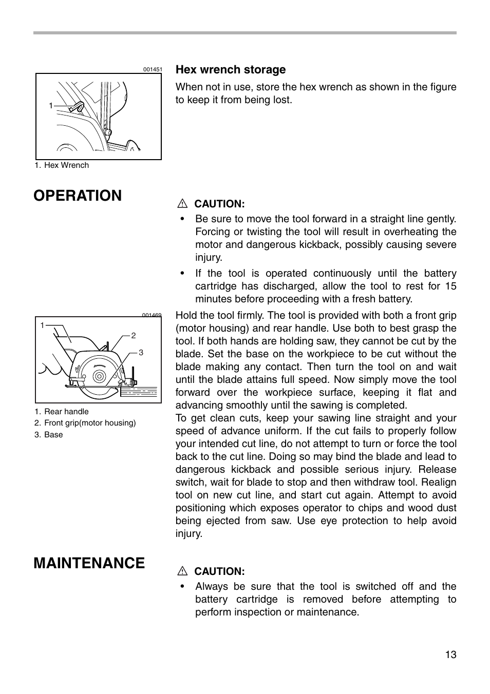 Operation, Maintenance, Hex wrench storage | Makita 5090D User Manual | Page 13 / 20