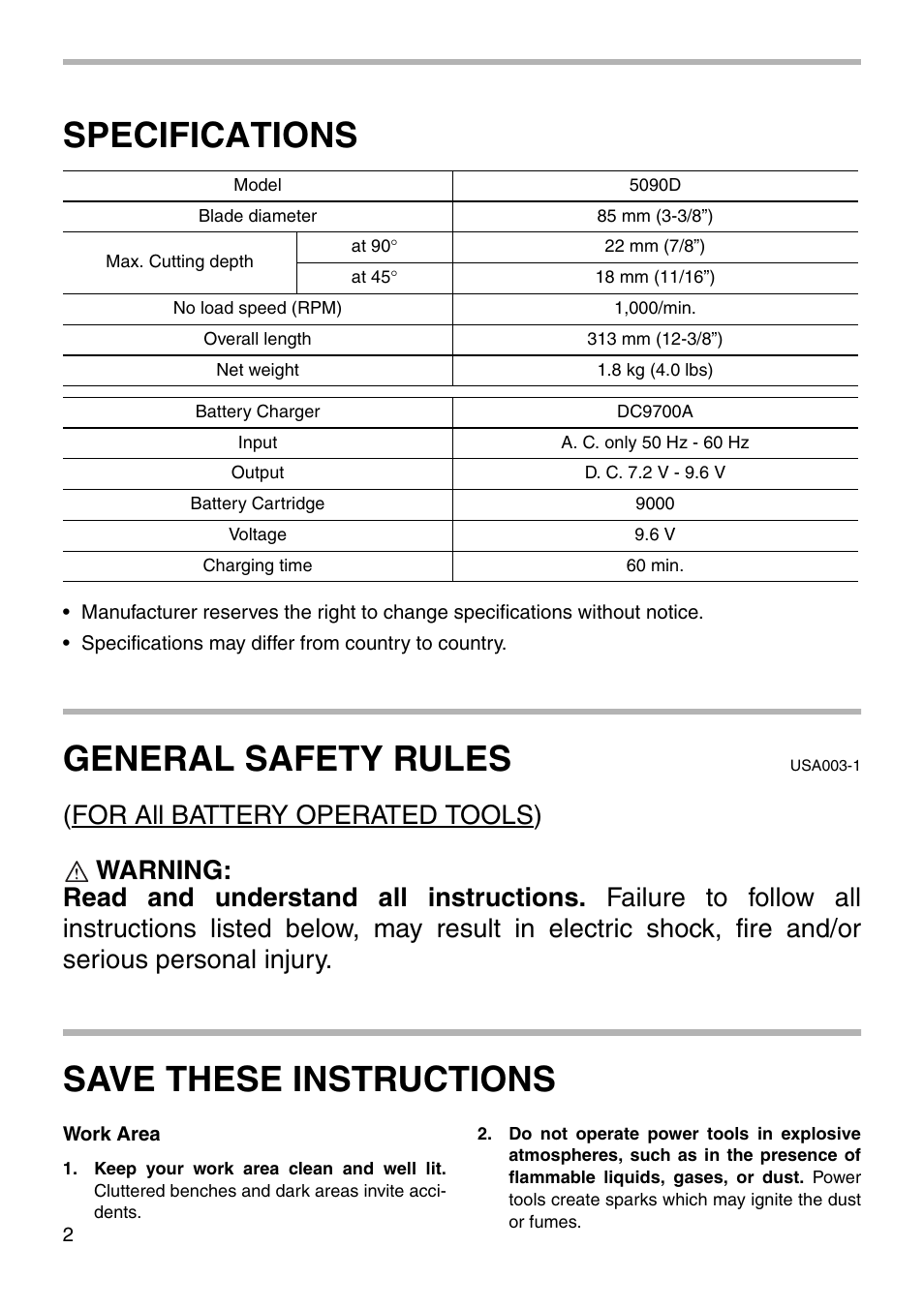 Specifications, General safety rules, Save these instructions | Makita 5090D User Manual | Page 2 / 20