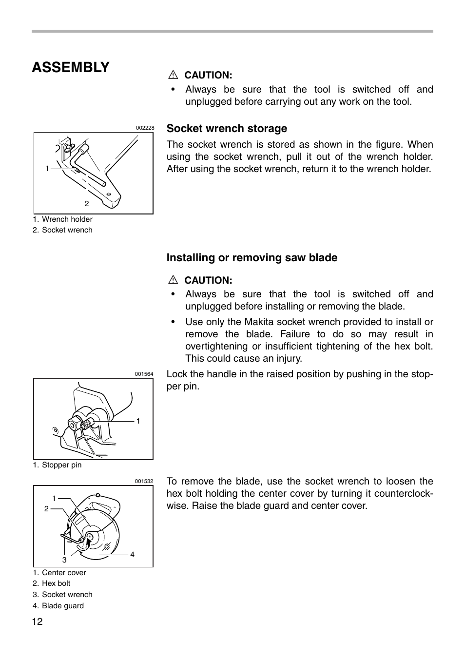 Assembly, Socket wrench storage, Installing or removing saw blade | Makita LS1212 User Manual | Page 12 / 36