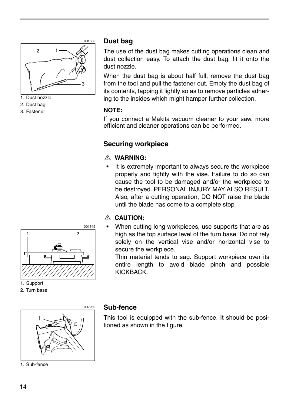 Dust bag, Securing workpiece, Sub-fence | Makita LS1212 User Manual | Page 14 / 36