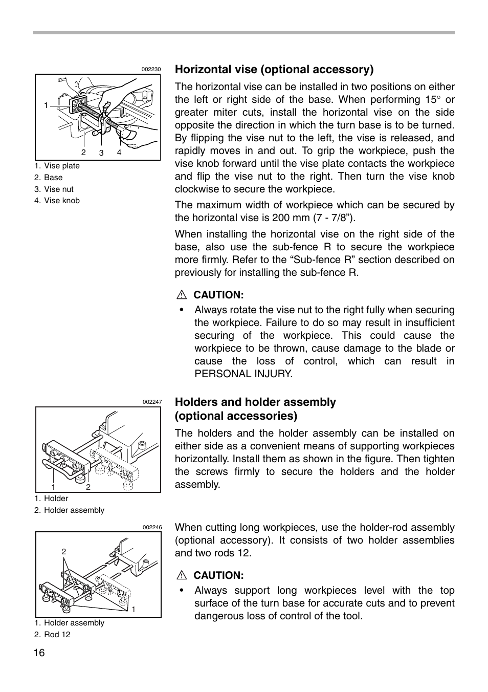 Horizontal vise (optional accessory), Holders and holder assembly (optional accessories) | Makita LS1212 User Manual | Page 16 / 36