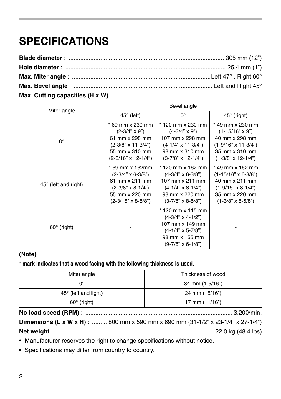 Specifications | Makita LS1212 User Manual | Page 2 / 36