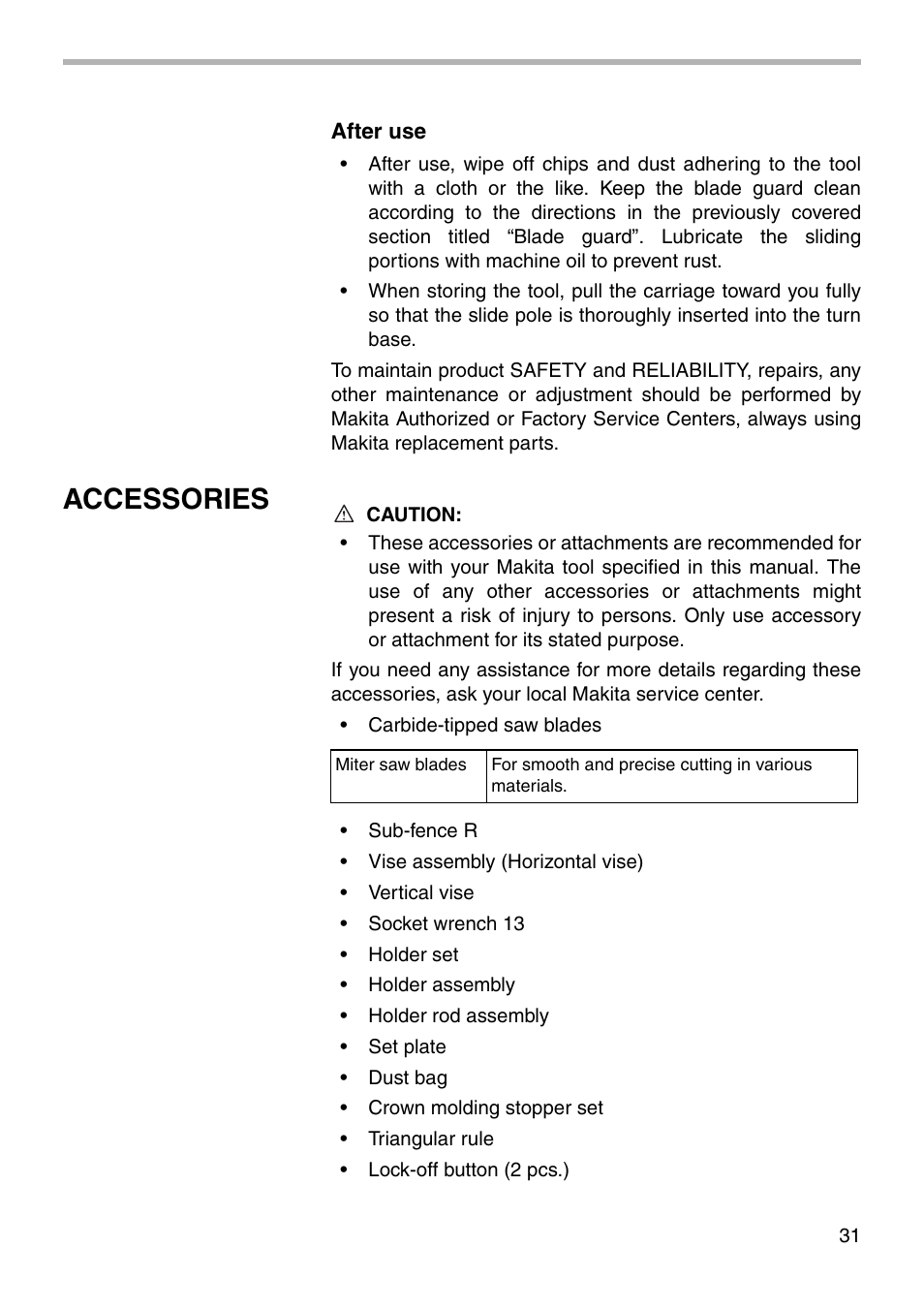 Accessories | Makita LS1212 User Manual | Page 31 / 36