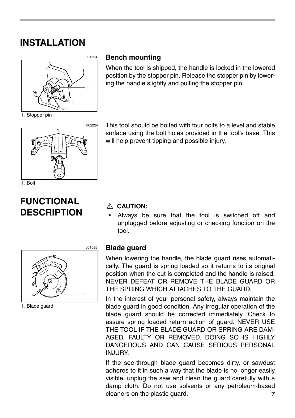 Installation, Functional description, Bench mounting | Blade guard | Makita LS1212 User Manual | Page 7 / 36