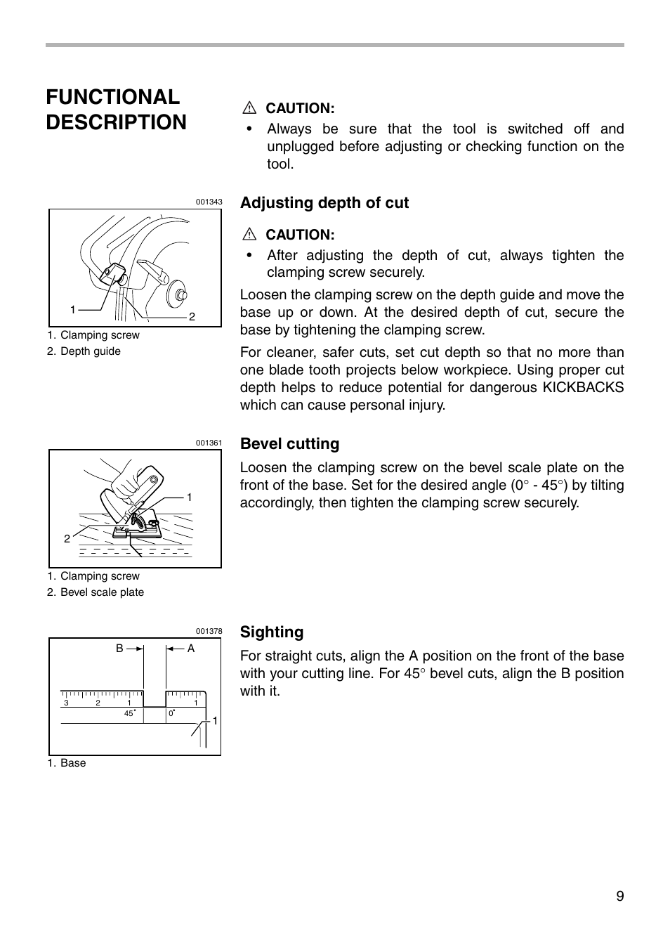 Functional description, Adjusting depth of cut, Bevel cutting | Sighting | Makita 5740NB User Manual | Page 9 / 16