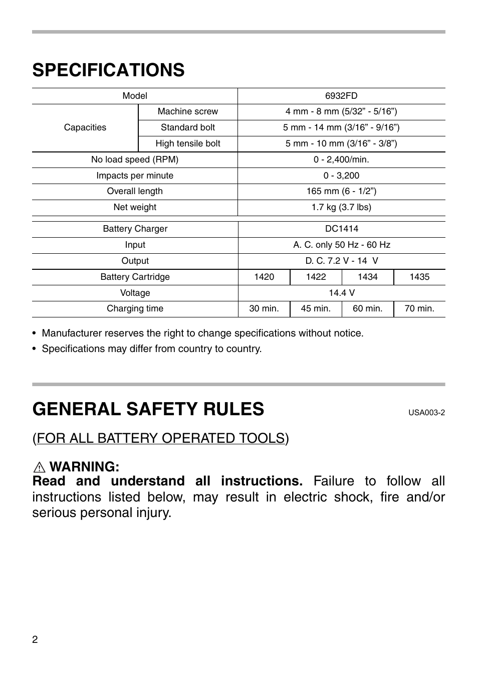 Specifications, General safety rules | Makita 6932FD User Manual | Page 2 / 20