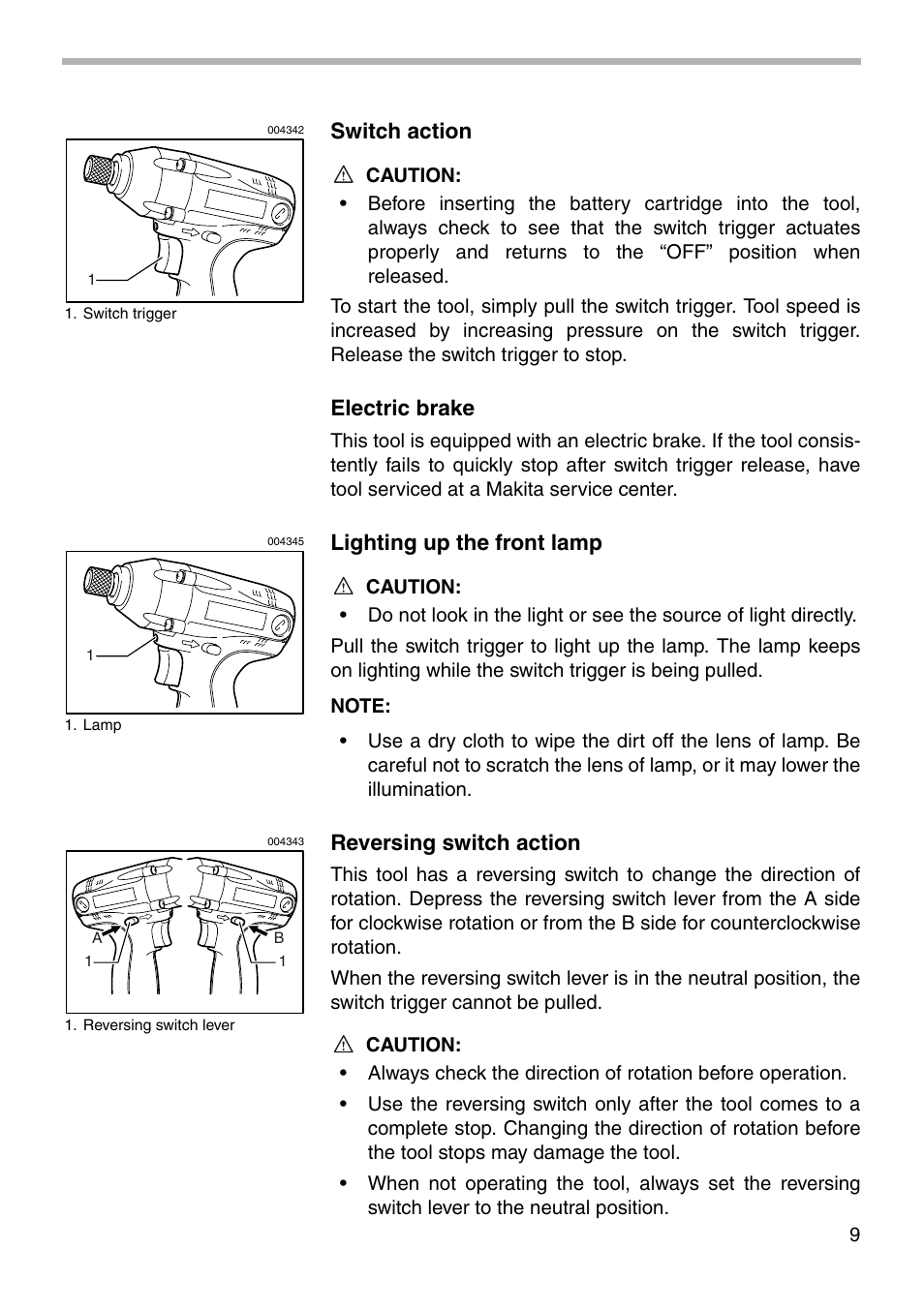 Switch action, Electric brake, Lighting up the front lamp | Reversing switch action | Makita 6932FD User Manual | Page 9 / 20
