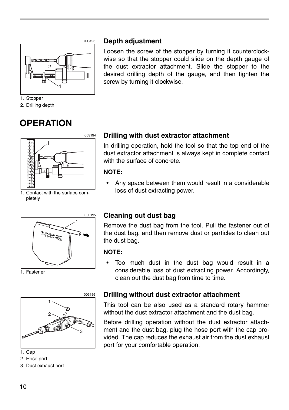 Operation, Depth adjustment, Drilling with dust extractor attachment | Cleaning out dust bag, Drilling without dust extractor attachment | Makita HR2430 User Manual | Page 10 / 20