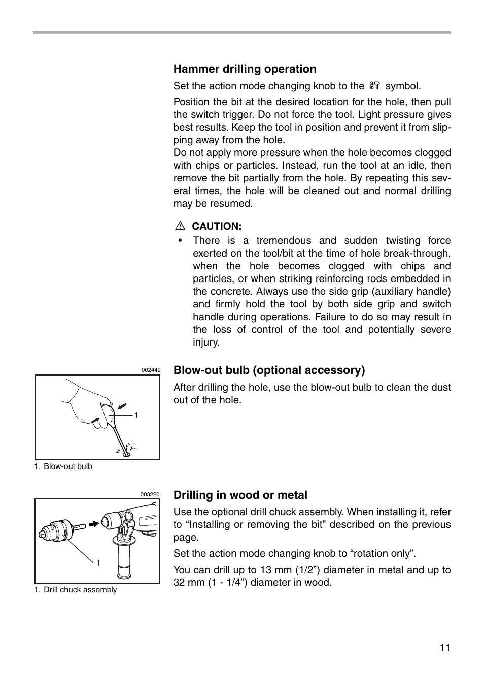 Hammer drilling operation, Blow-out bulb (optional accessory), Drilling in wood or metal | Makita HR2430 User Manual | Page 11 / 20