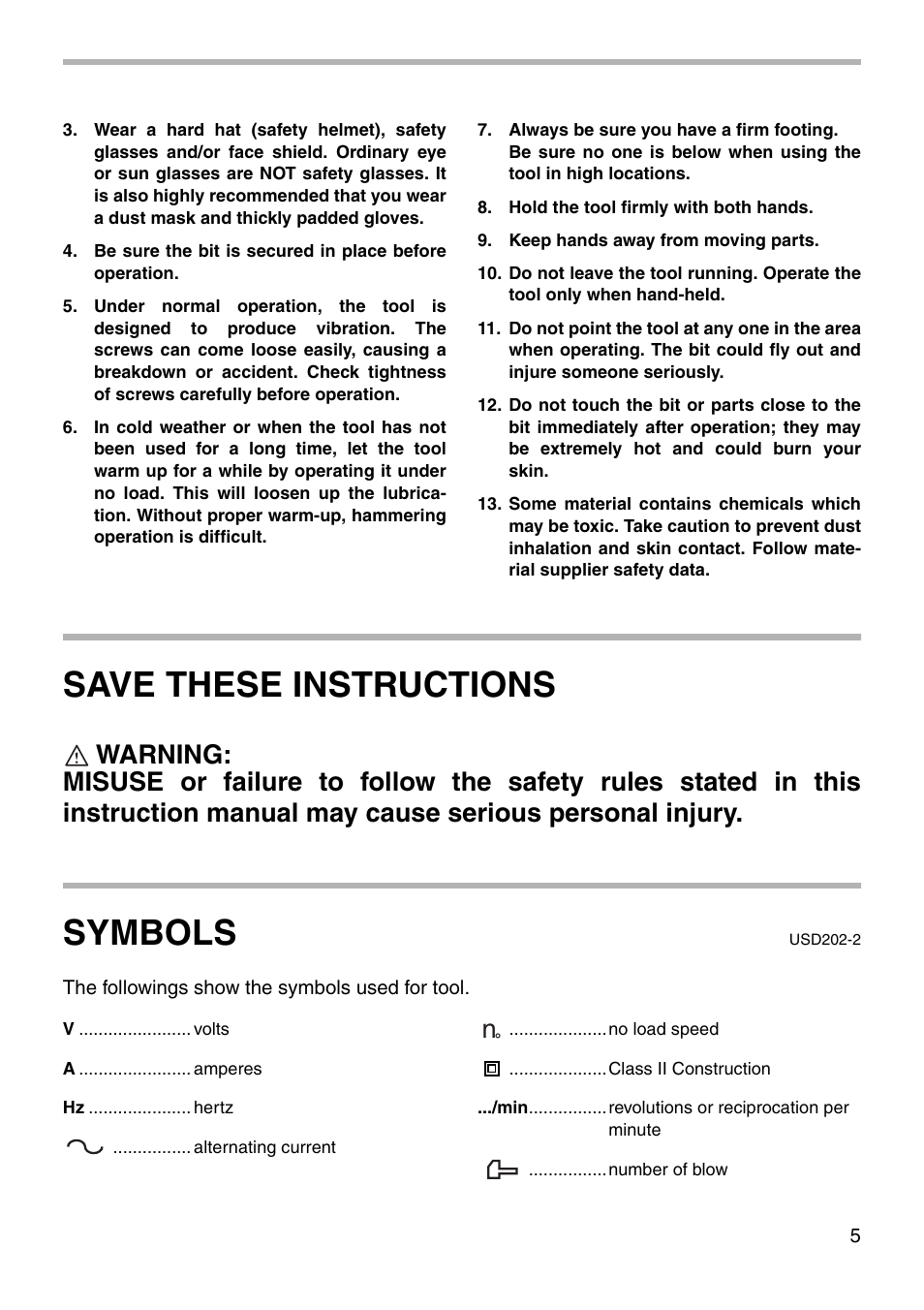 Save these instructions, Symbols | Makita HR2430 User Manual | Page 5 / 20