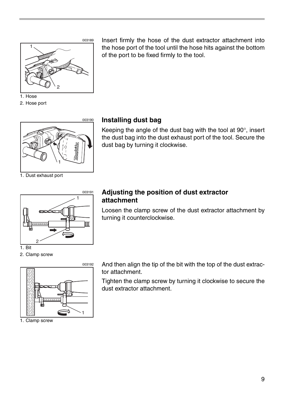 Installing dust bag | Makita HR2430 User Manual | Page 9 / 20