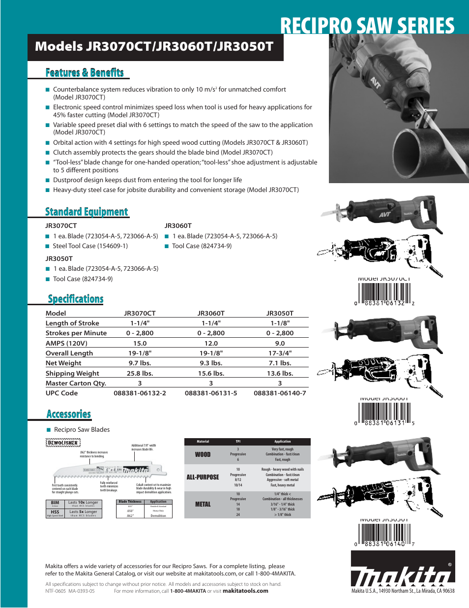 Recipro saw series, Specifications, Accessories | Standard equipment | Makita JR3050T User Manual | Page 2 / 2