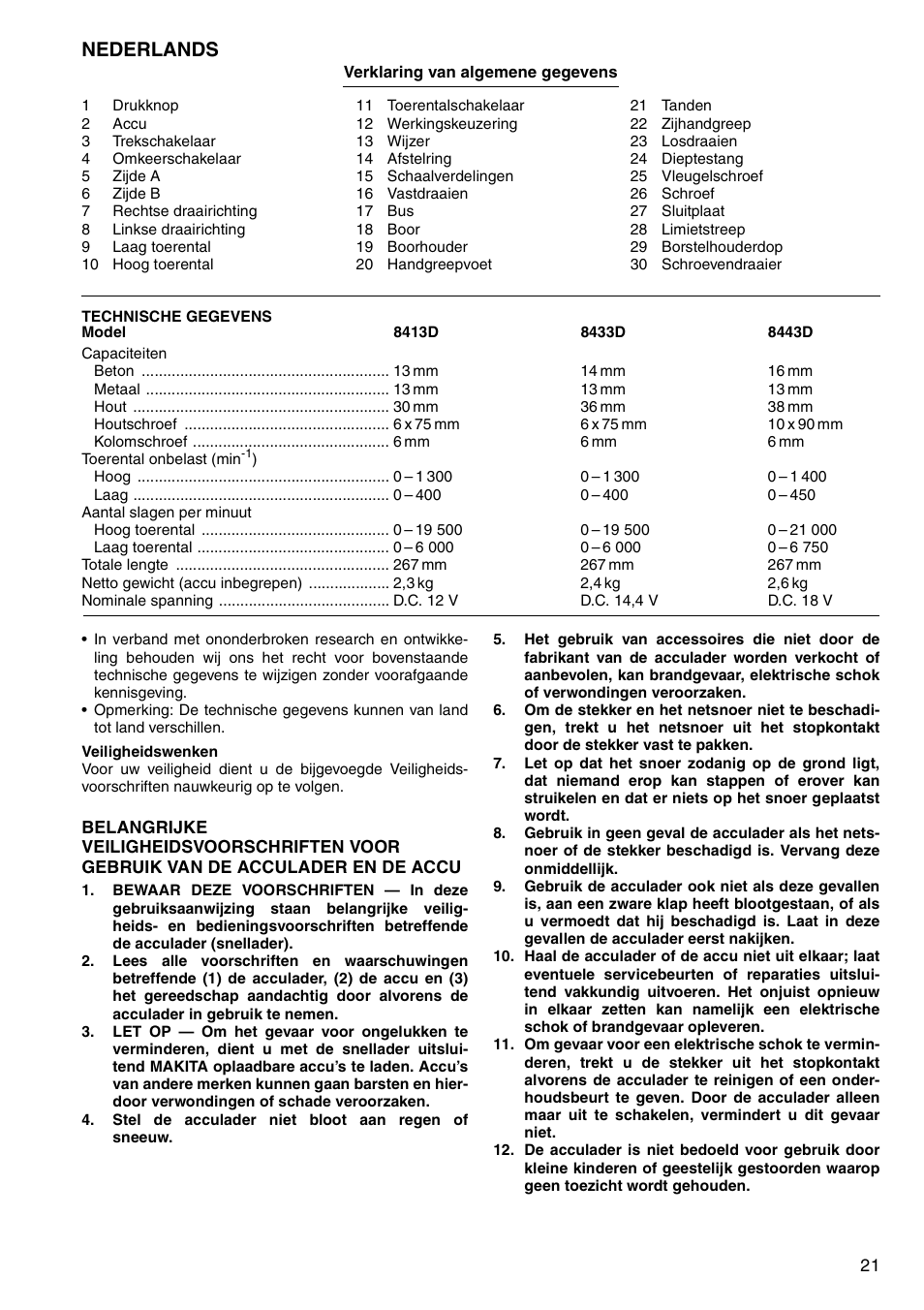 Nederlands | Makita 8443D User Manual | Page 21 / 64