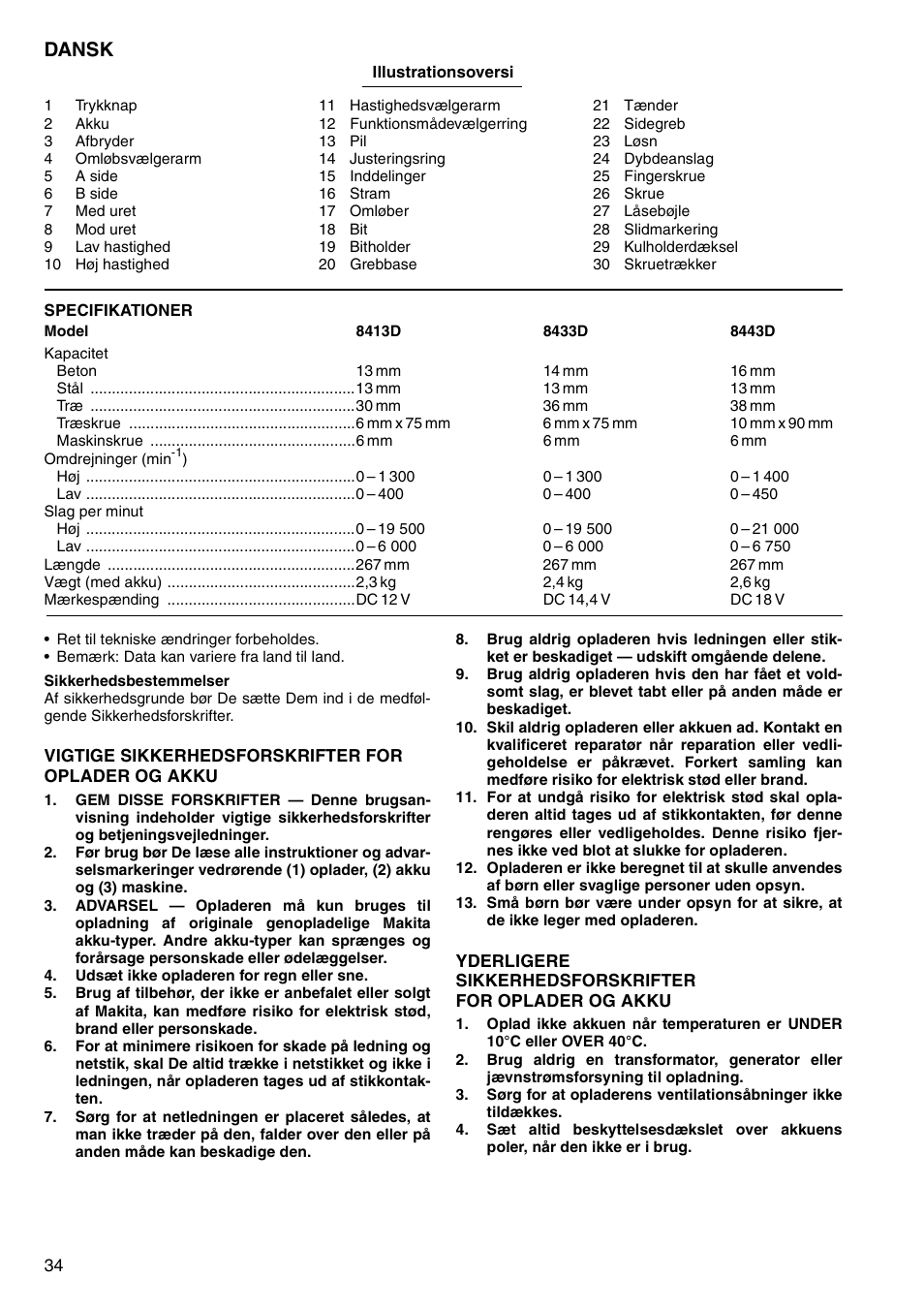 Dansk | Makita 8443D User Manual | Page 34 / 64