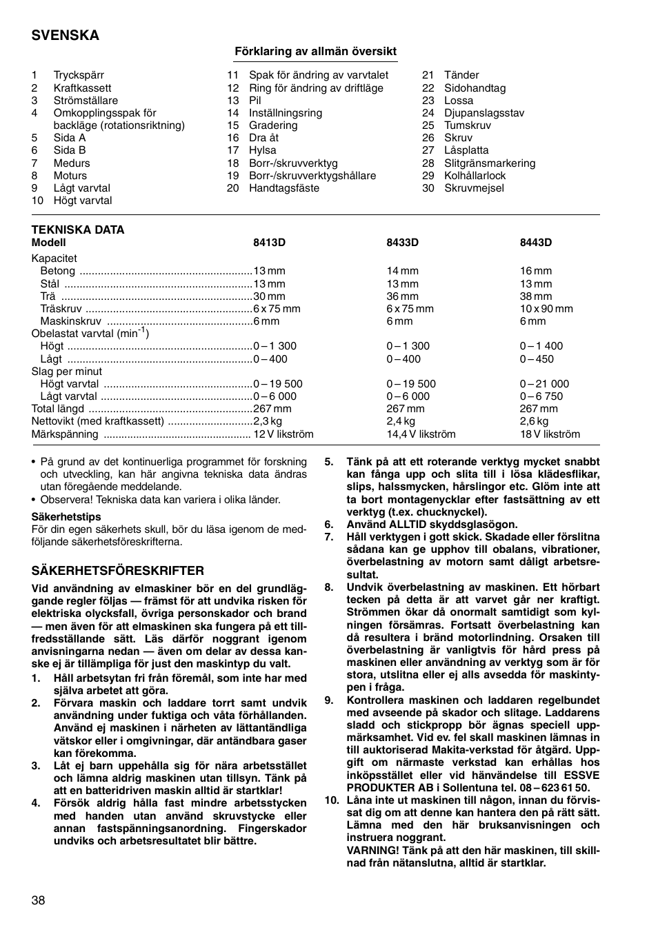 Svenska | Makita 8443D User Manual | Page 38 / 64