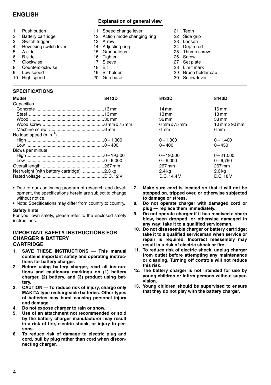 English | Makita 8443D User Manual | Page 4 / 64