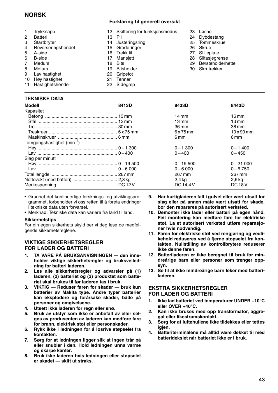 Norsk | Makita 8443D User Manual | Page 43 / 64