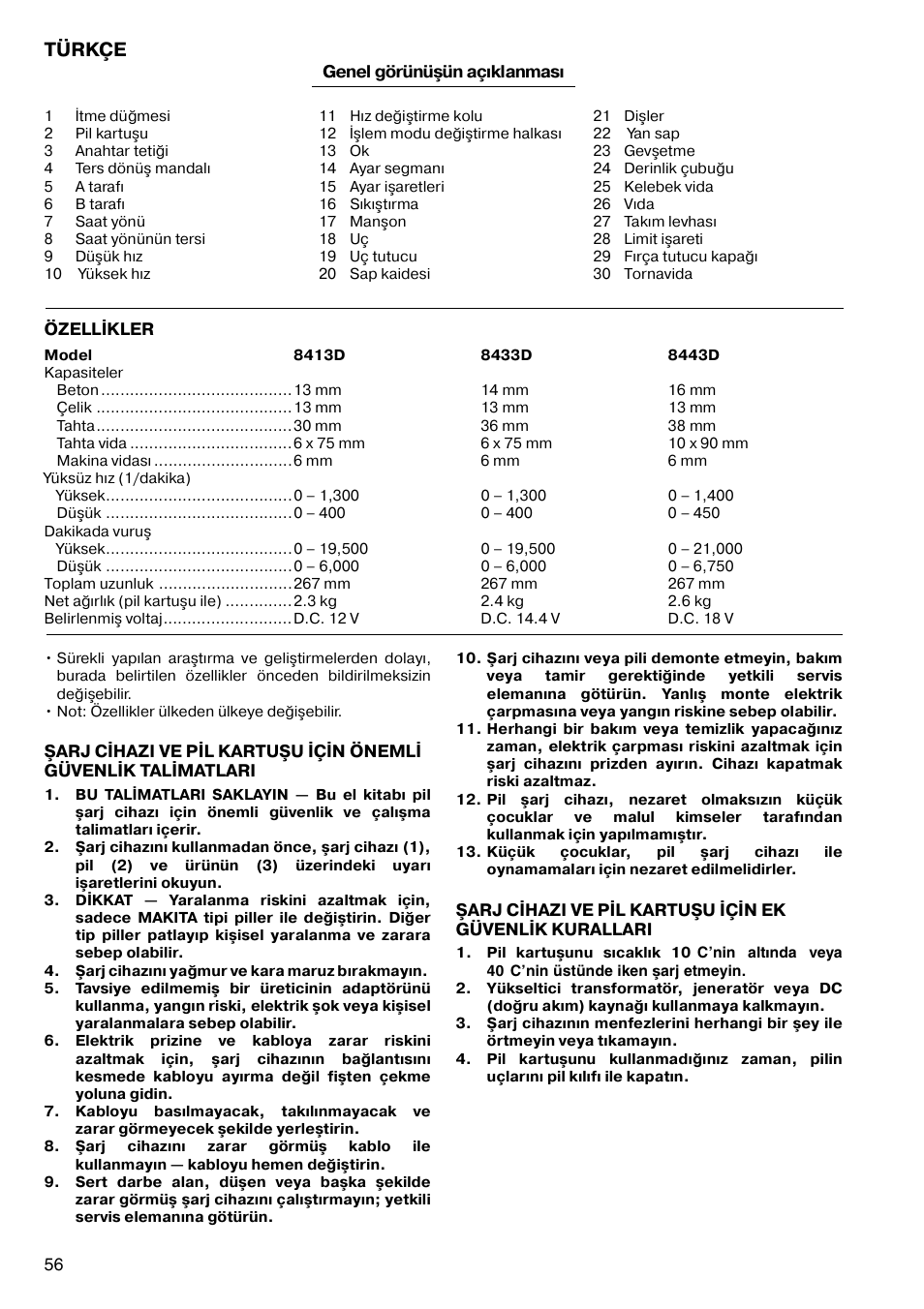 Türkçe | Makita 8443D User Manual | Page 56 / 64
