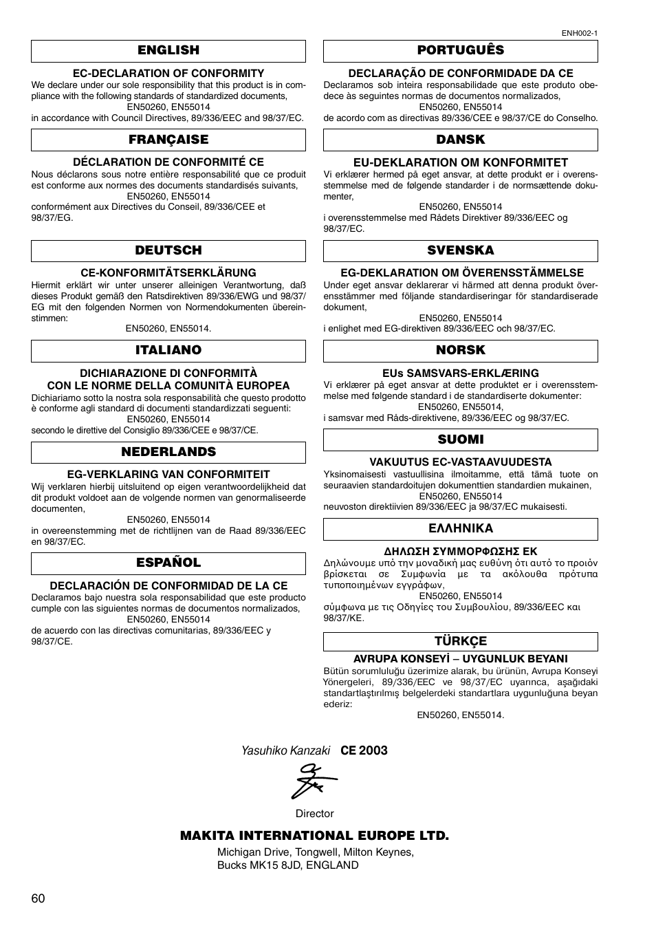 Yasuhiko kanzaki ce 2003, Makita international europe ltd | Makita 8443D User Manual | Page 60 / 64