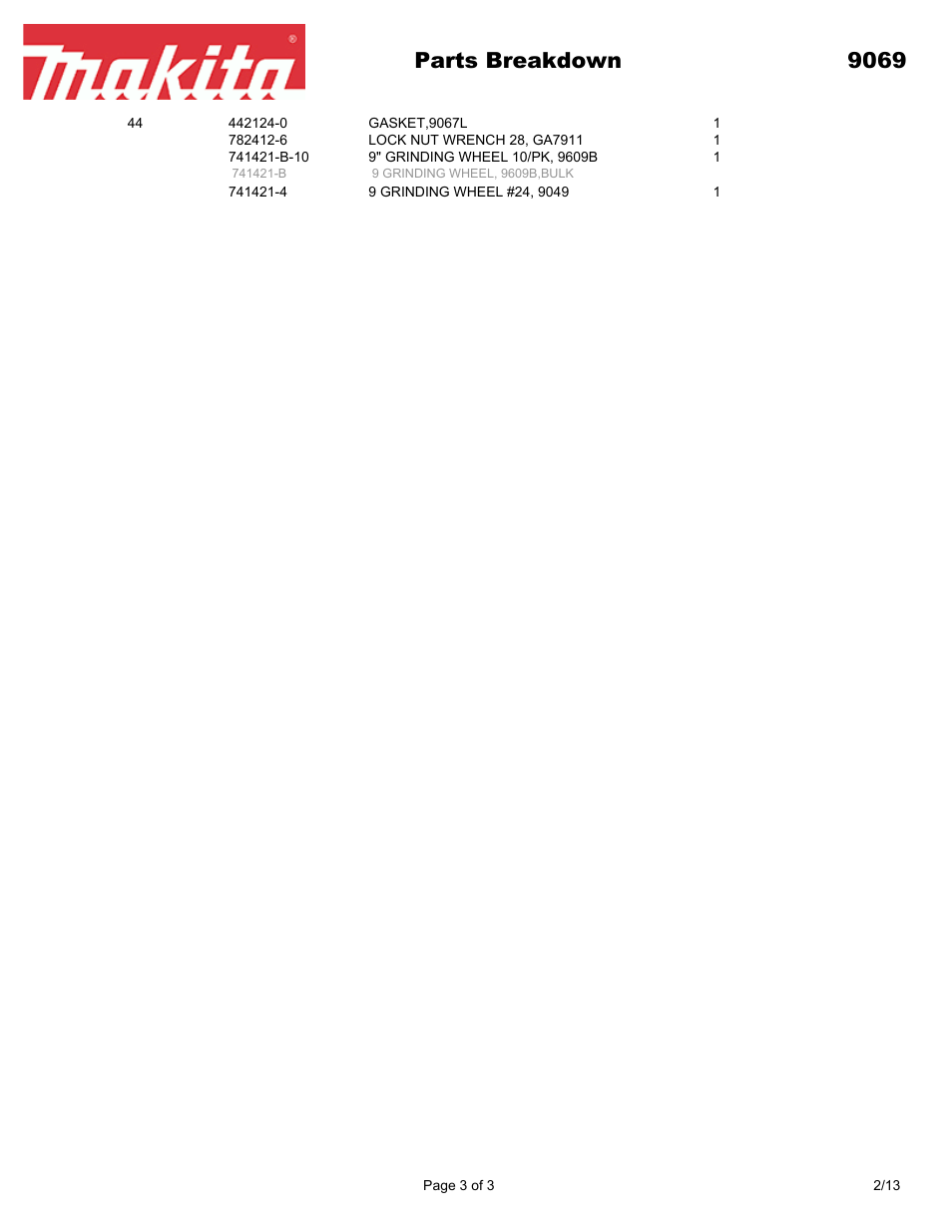 Parts breakdown 9069 | Makita 9069 User Manual | Page 3 / 3