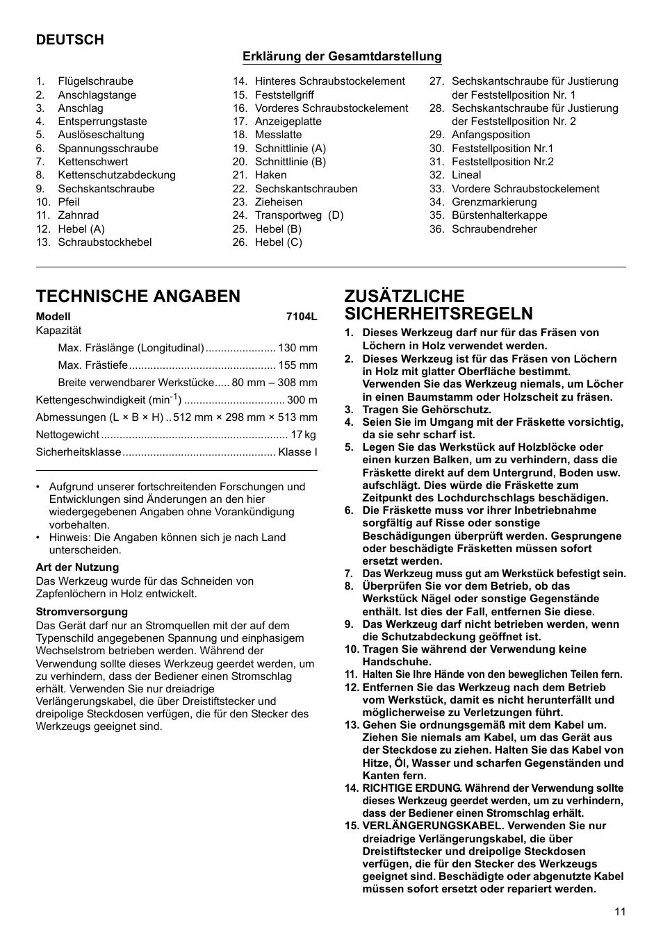 Technische angaben, Zusätzliche sicherheitsregeln, Deutsch | Makita 7104L User Manual | Page 11 / 48