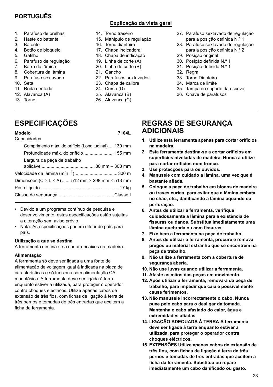 Especificações, Regras de segurança adicionais, Português | Makita 7104L User Manual | Page 23 / 48