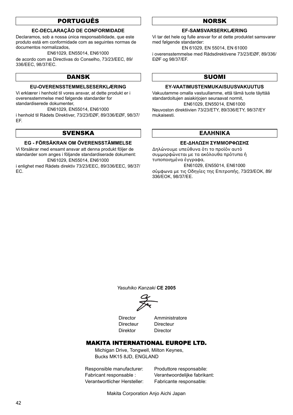 Português dansk svenska norsk suomi ελληνικα | Makita 7104L User Manual | Page 42 / 48