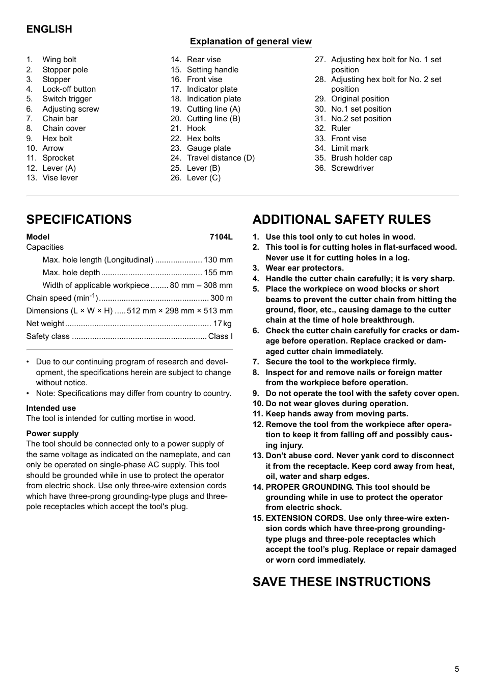 Specifications, Additional safety rules, Save these instructions | English | Makita 7104L User Manual | Page 5 / 48