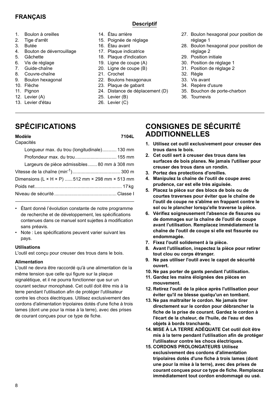 Spécifications, Consignes de sécurité additionnelles, Français | Makita 7104L User Manual | Page 8 / 48
