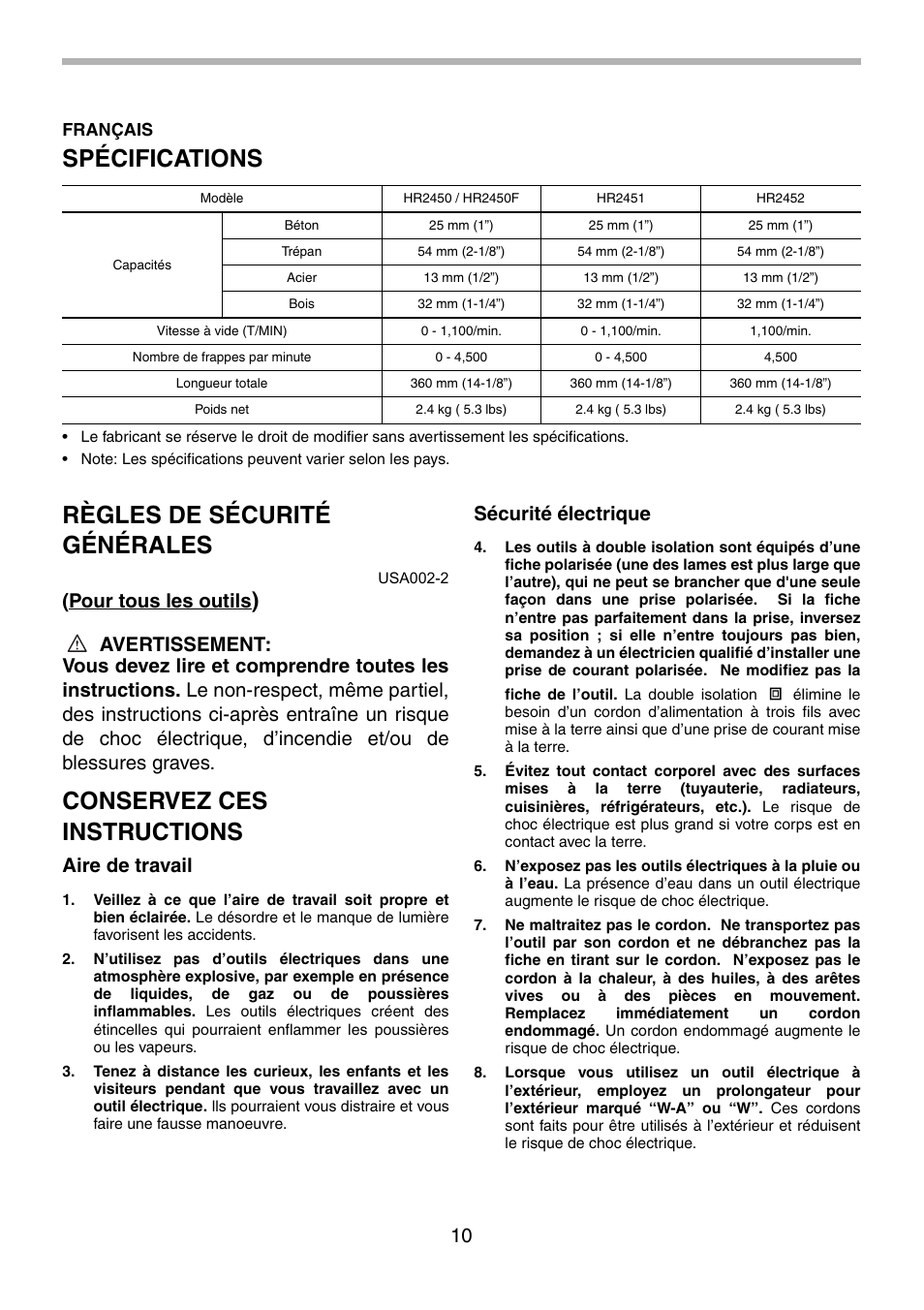 Spécifications, Règles de sécurité générales, Conservez ces instructions | Pour tous les outils, Aire de travail, Sécurité électrique | Makita HR2451 User Manual | Page 10 / 28