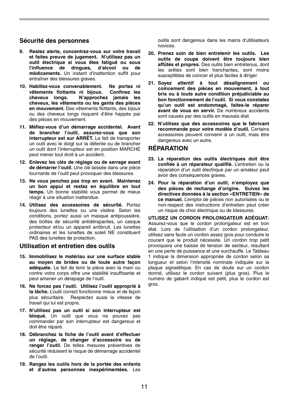 11 sécurité des personnes, Utilisation et entretien des outils, Réparation | Makita HR2451 User Manual | Page 11 / 28