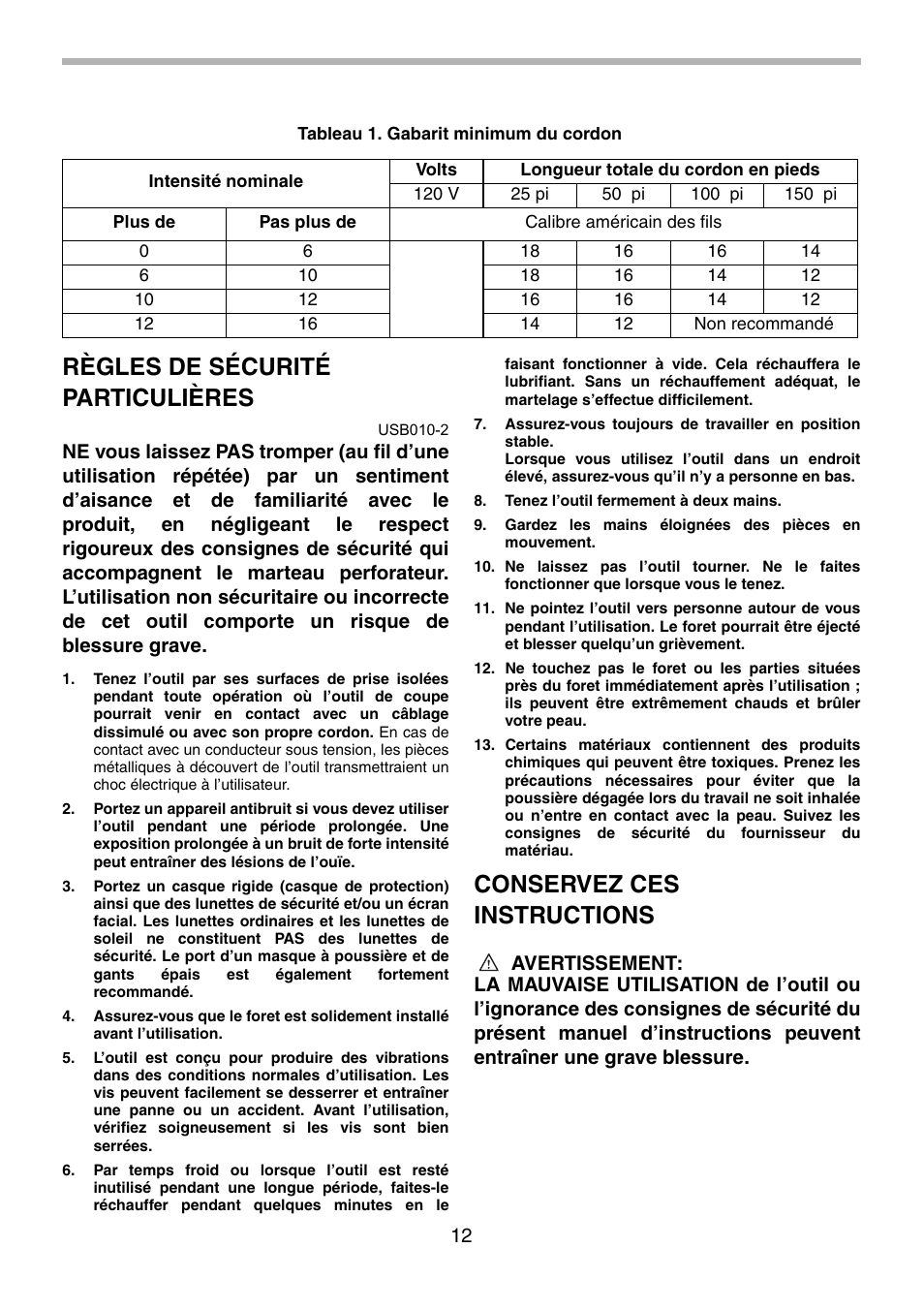 Règles de sécurité particulières, Conservez ces instructions | Makita HR2451 User Manual | Page 12 / 28