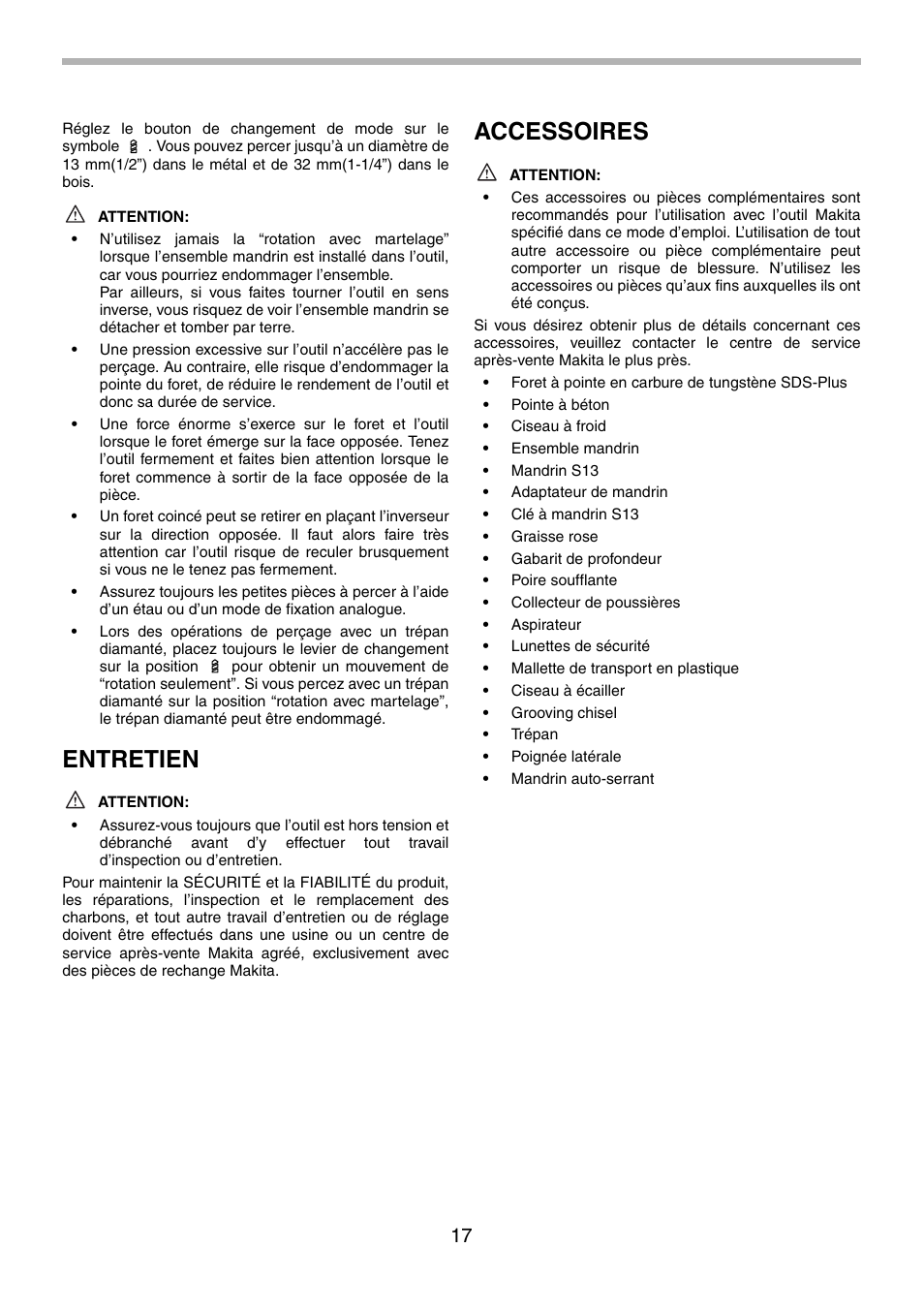 Entretien, Accessoires | Makita HR2451 User Manual | Page 17 / 28