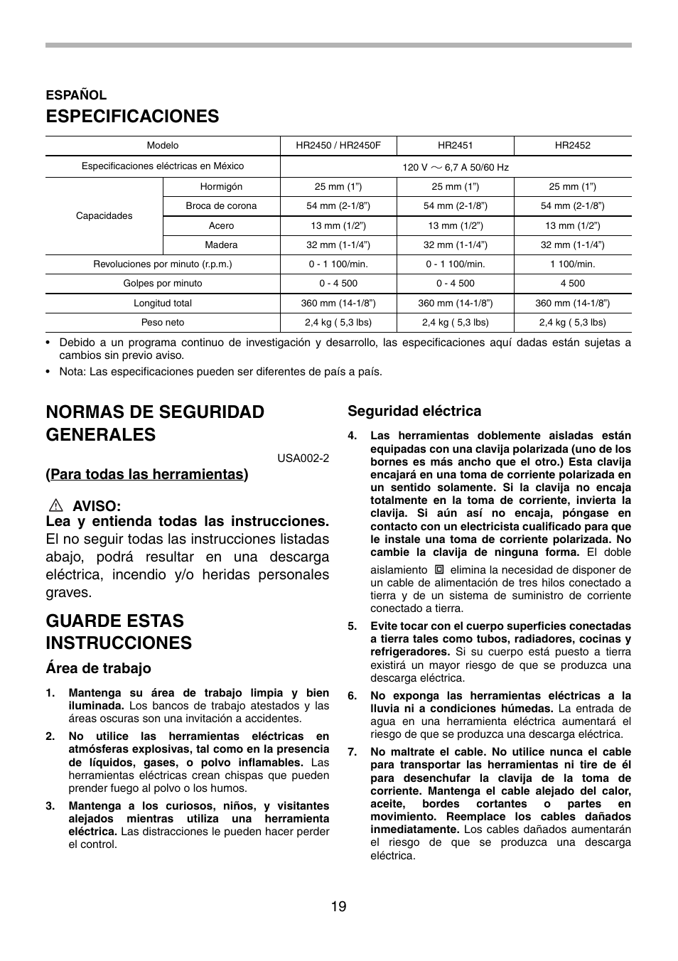 Especificaciones, Normas de seguridad generales, Guarde estas instrucciones | Área de trabajo, Seguridad eléctrica | Makita HR2451 User Manual | Page 19 / 28