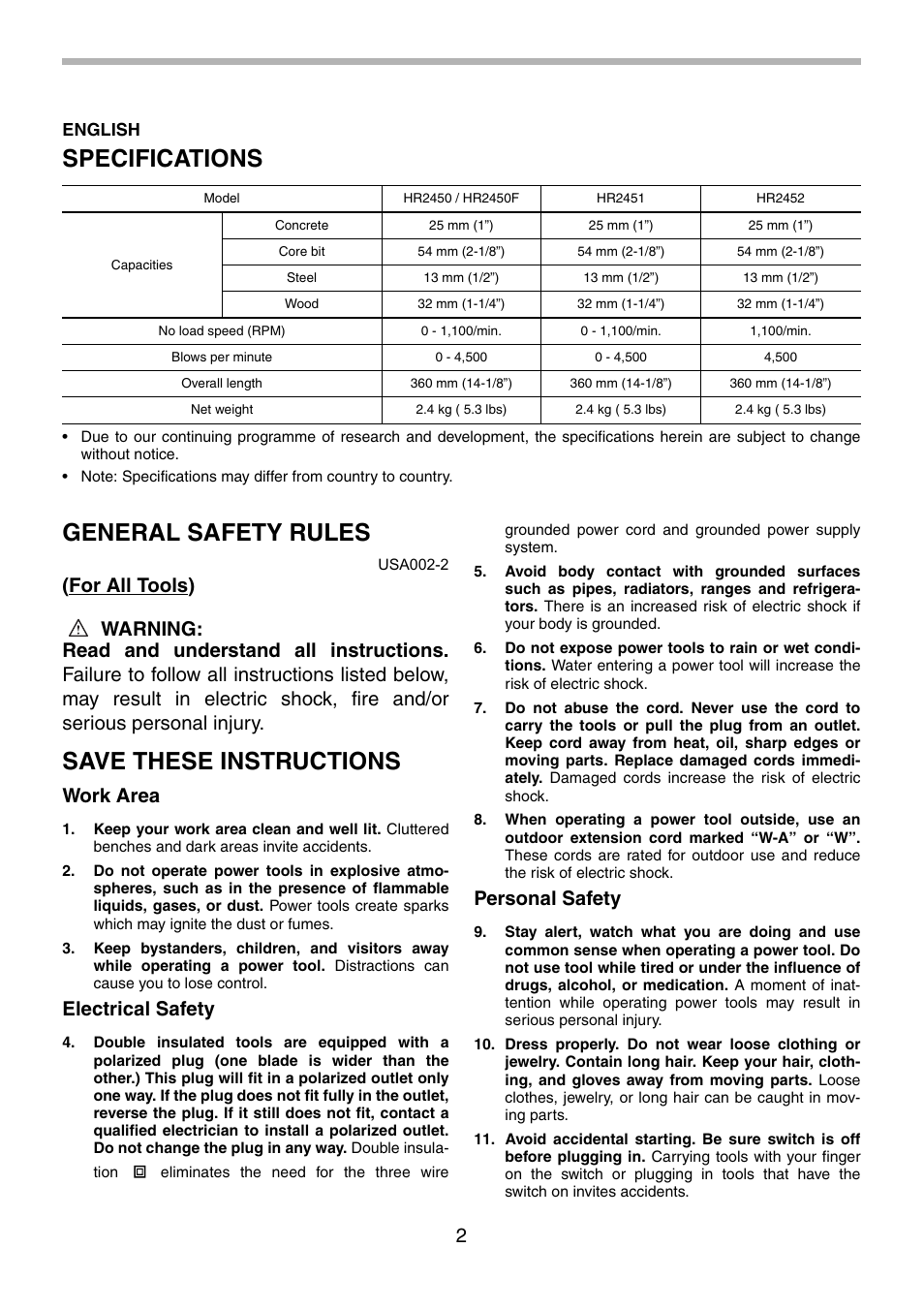 Specifications, General safety rules, Save these instructions | Work area, Electrical safety, Personal safety | Makita HR2451 User Manual | Page 2 / 28