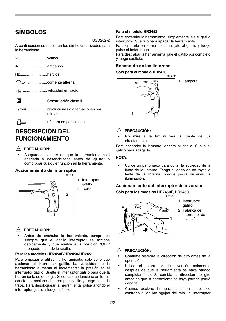 Símbolos, Descripción del funcionamiento | Makita HR2451 User Manual | Page 22 / 28