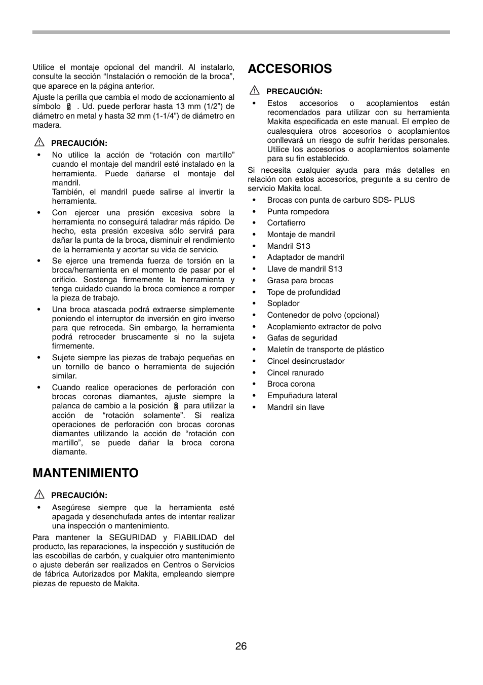 Mantenimiento, Accesorios | Makita HR2451 User Manual | Page 26 / 28