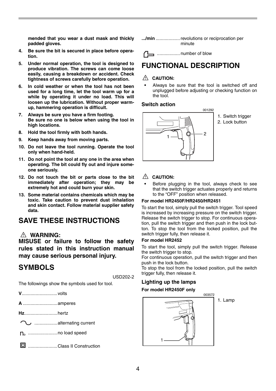 Save these instructions, Symbols, Functional description | Makita HR2451 User Manual | Page 4 / 28