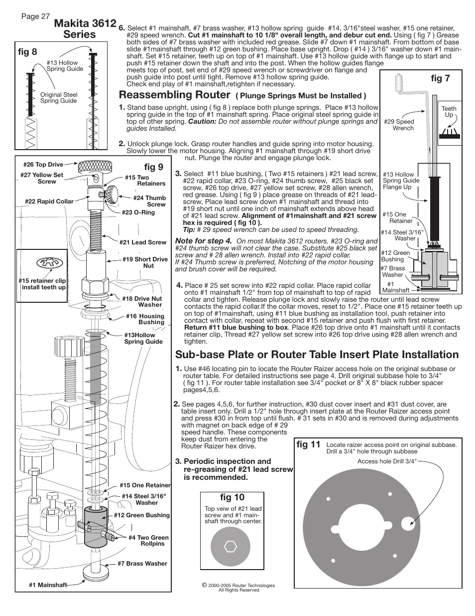 Makita 3612 series, Reassembling router, Fig 11 | Fig 8, Fig 9, Fig 7, Fig 10 | Makita RZ 100 User Manual | Page 10 / 12