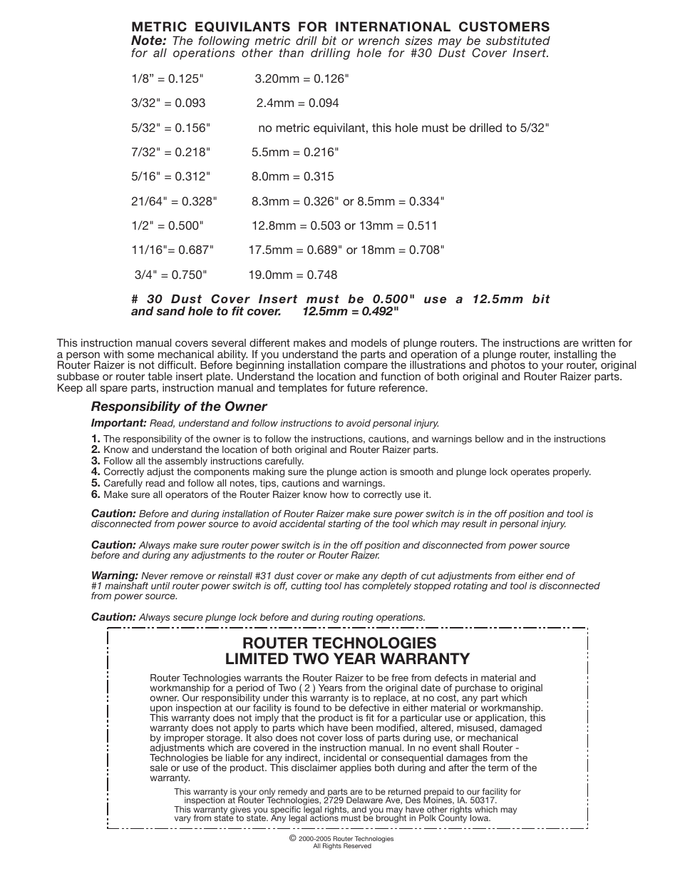 Router technologies limited two year warranty | Makita RZ 100 User Manual | Page 2 / 12