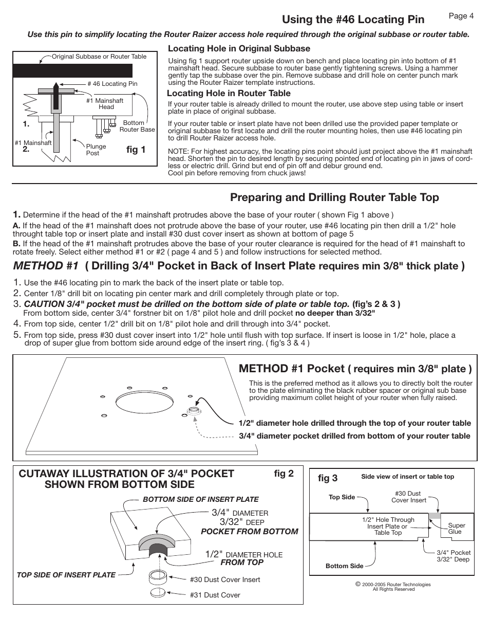Using the #46 locating pin, Preparing and drilling router table top, Method #1 pocket | Requires min 3/8" thick plate, Requires min 3/8" plate ) | Makita RZ 100 User Manual | Page 5 / 12