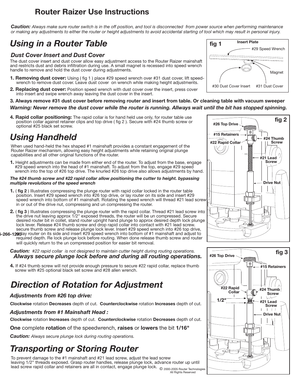 Using handheld using in a router table, Direction of rotation for adjustment, Transporting or storing router | Router raizer use instructions | Makita RZ 100 User Manual | Page 8 / 12