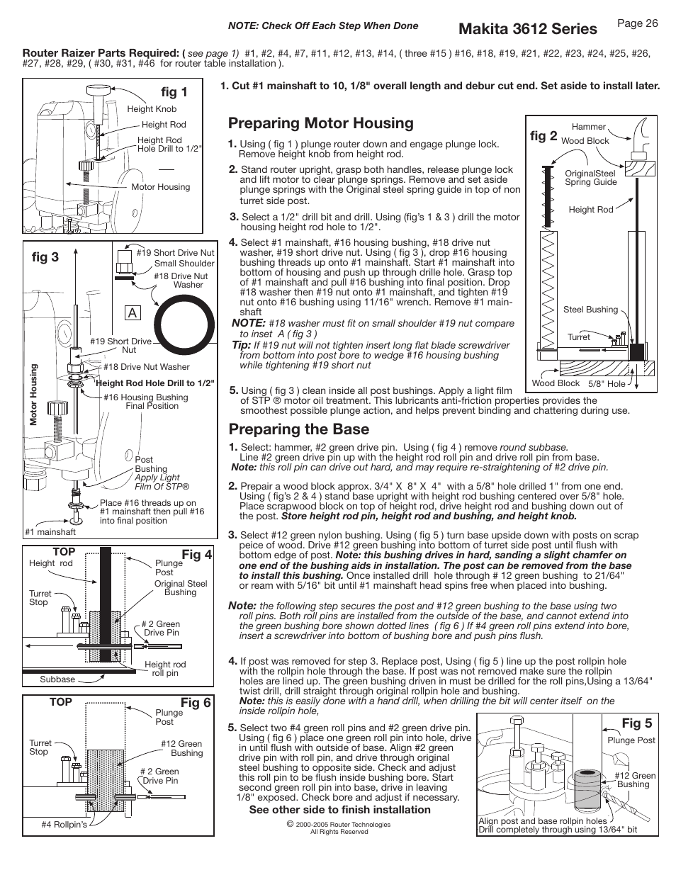 Makita 3612 series, Preparing motor housing, Preparing the base | Fig 4, Fig 6, Fig 5, Fig 1, Fig 2, Fig 3 | Makita RZ 100 User Manual | Page 9 / 12