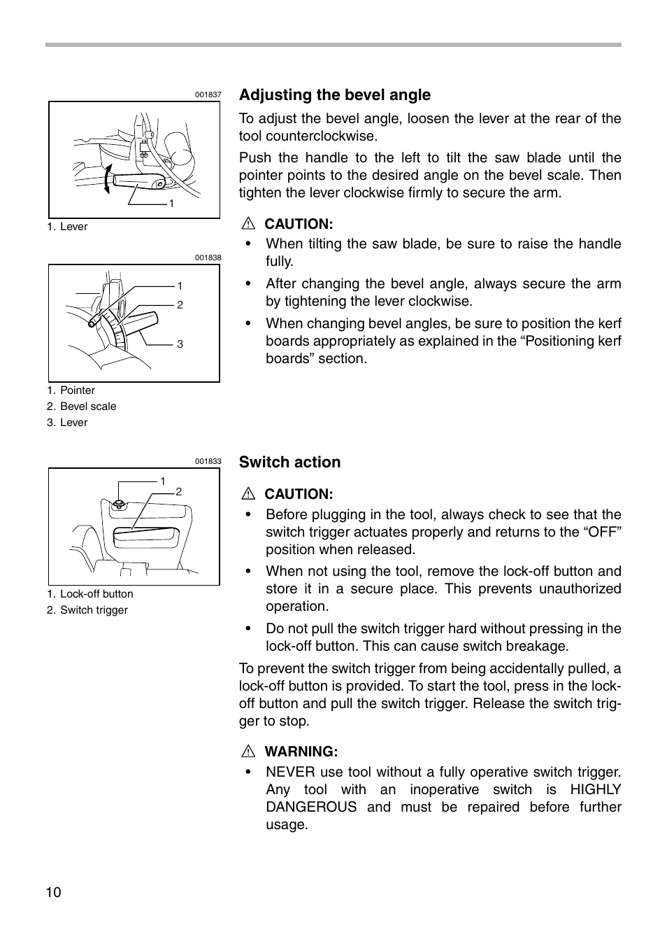 Adjusting the bevel angle, Switch action | Makita LS1221 User Manual | Page 10 / 32